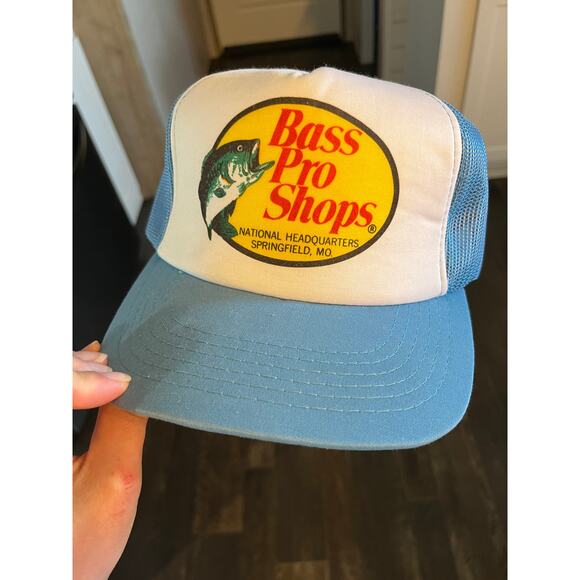 Vintage Bass Pro Shops Trucker Hat Baby Blue Snap back made in Korea - Picture 1 of 4